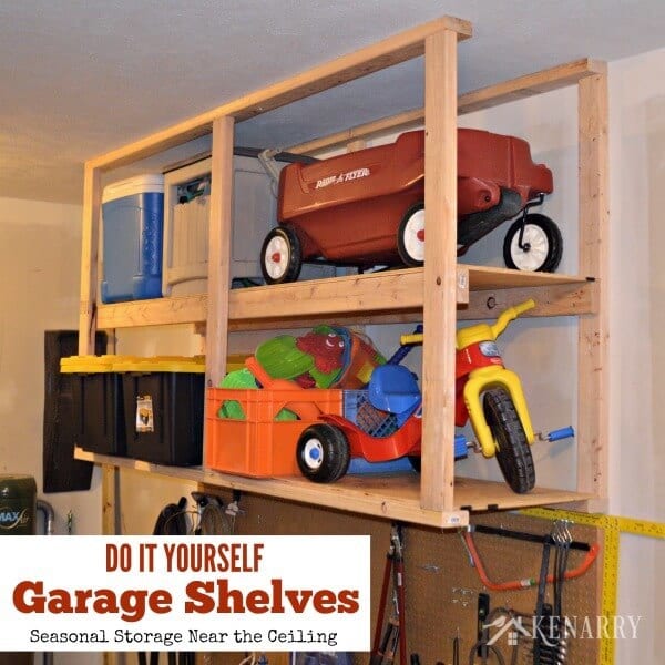 DIY Garage Storage: Great idea for ceiling mounted shelves in the 