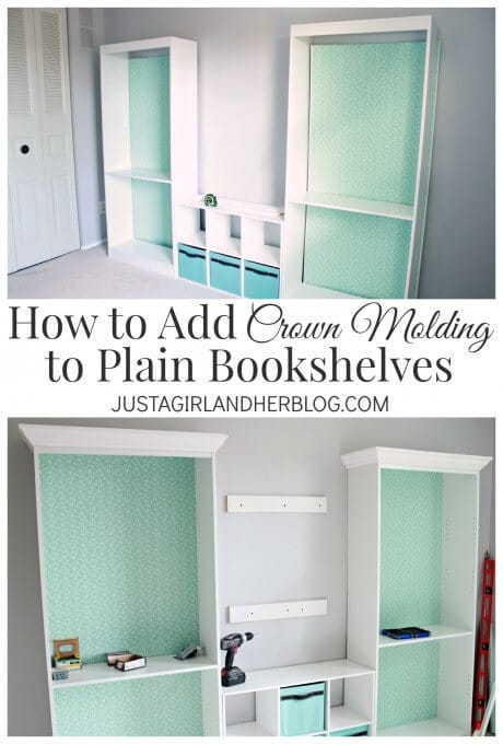 How to Add Crown Moulding to Plain Bookshelves - Just a Girl and Her Blog featured in the Summer Spotlight