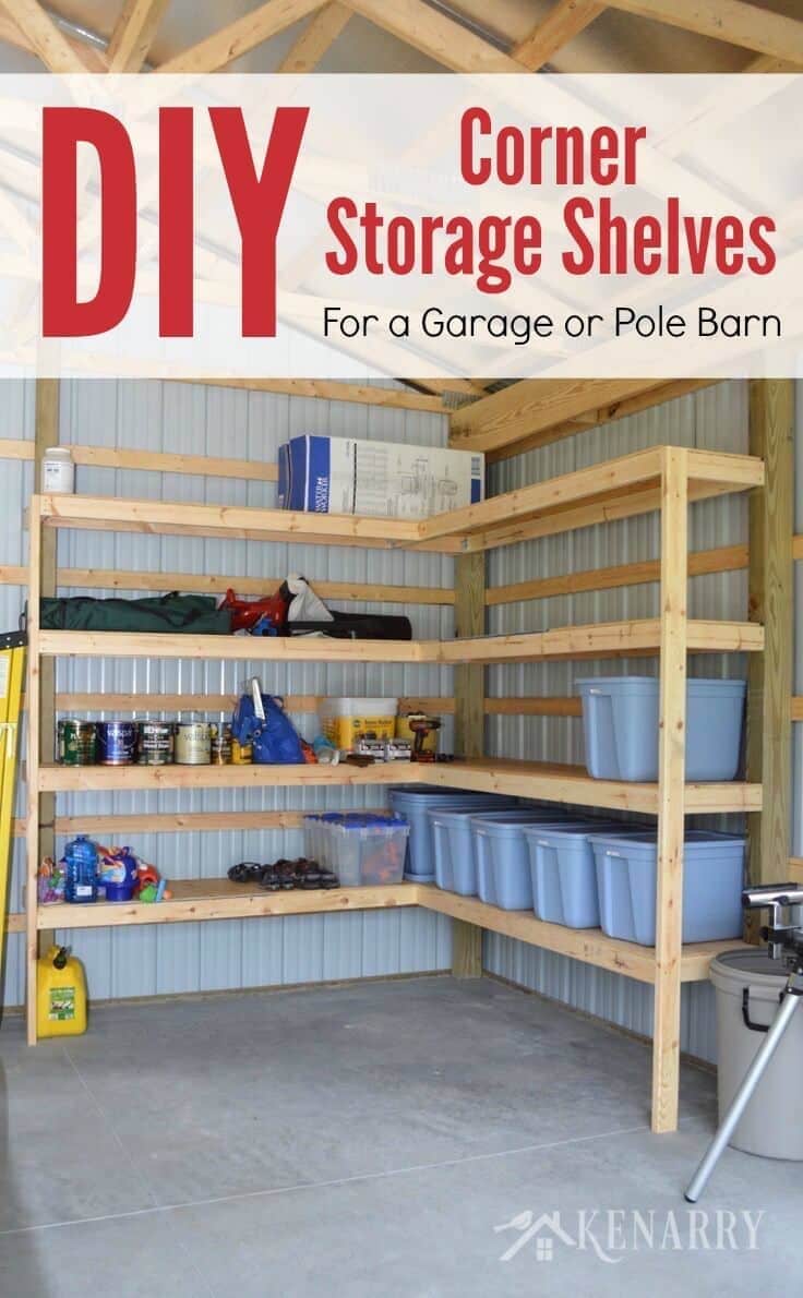 DIY wooden corner storage shelves in a garage stacked with organized home items