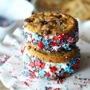 These easy Ice Cream Sandwiches are the perfect treat for summer time. Dip them in red, white, and blue sprinkles to enjoy at your 4th of July celebration!