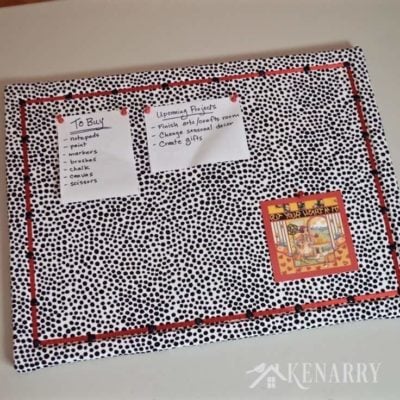Love the fabric in this DIY Bulletin Board Makeover idea! It adds a fun, feminine touch to a corkboard or message board for a home, office or dorm room.