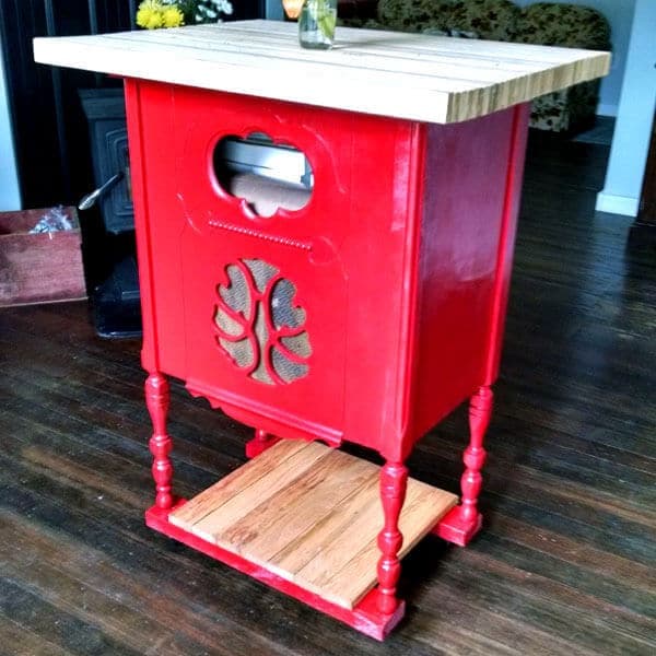 A radio stand converted into a red kitchen island