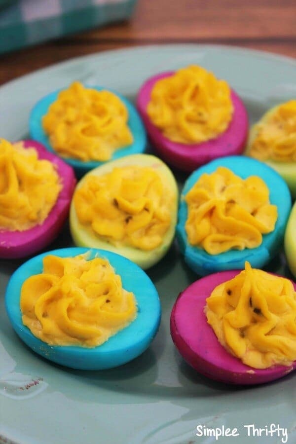 Neon Easter Deviled Eggs - Simplee Thrifty - Easter Treats featured on Kenarry.com