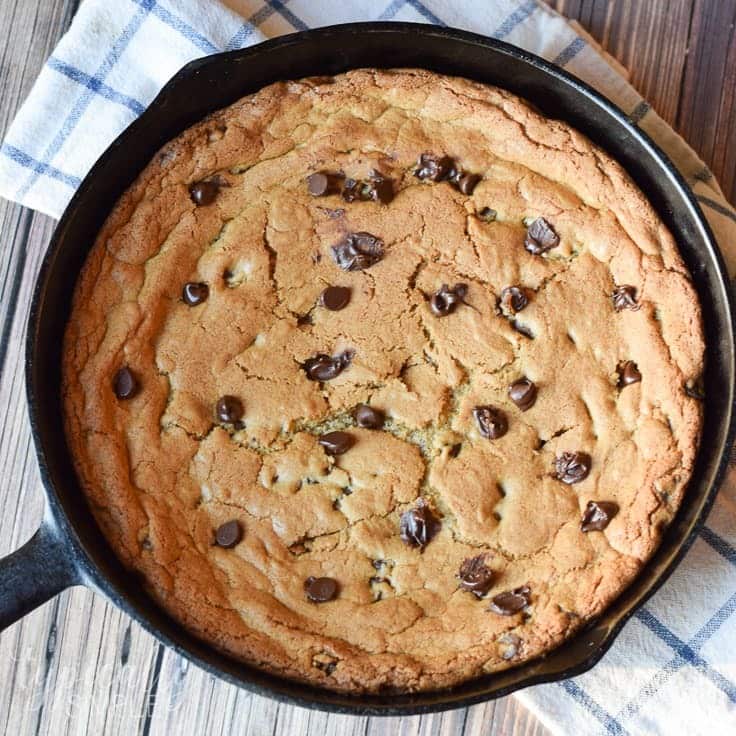 chocolate chip skillet cookie in a cast iron pan