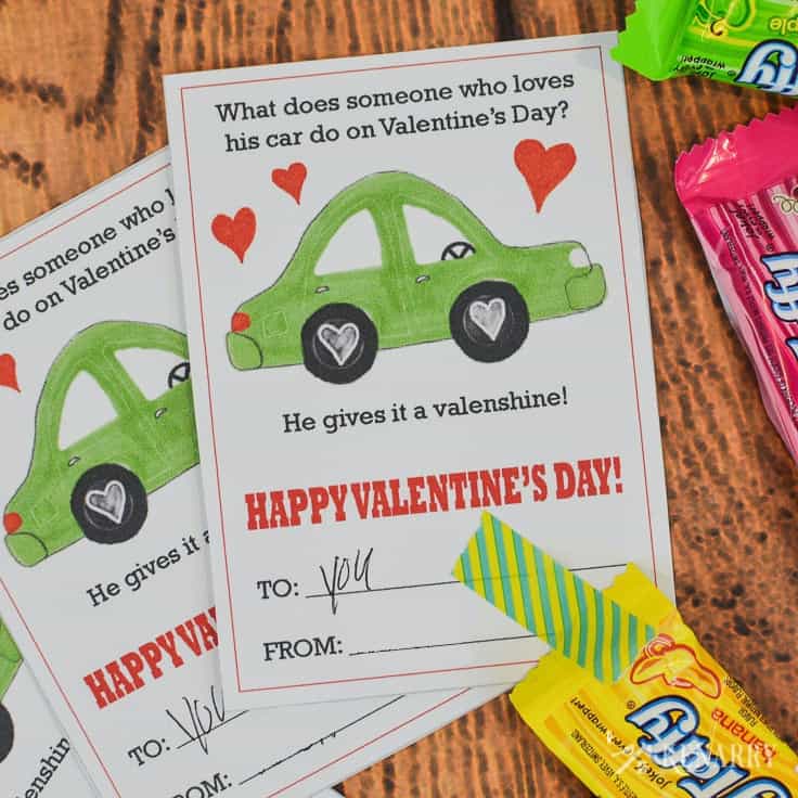 These free printable Car Valentines for children are so cute! I love the funny joke on these Valentine's Day cards and how they can use candy or toy cars as an inexpensive treat for kids to give their friends at their party at school.