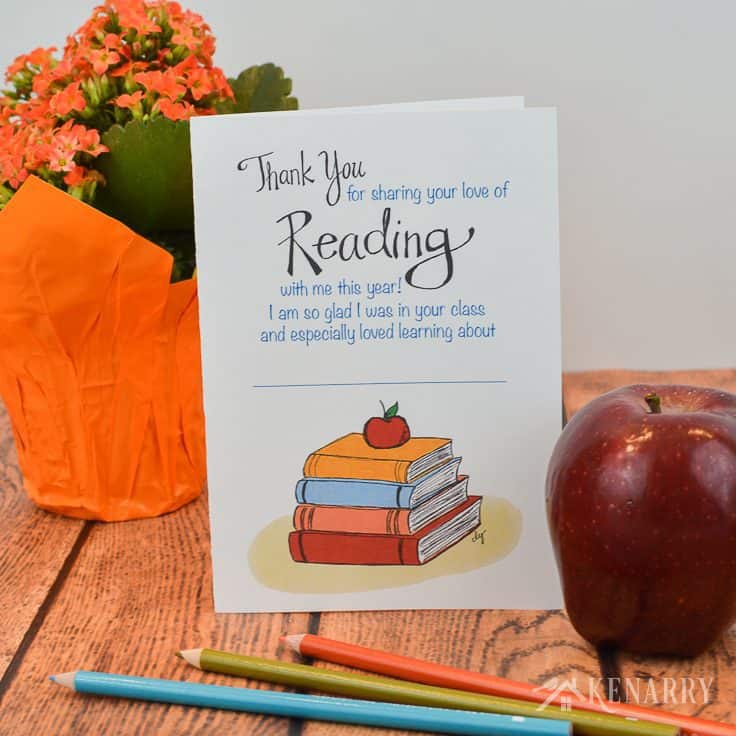 Free teacher appreciation printable card with a drawing of a stack of books and text that reads 