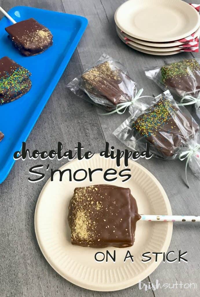 Chocolate Dipped S'mores on a Stick Summer Party Treat; TrishSutton.com