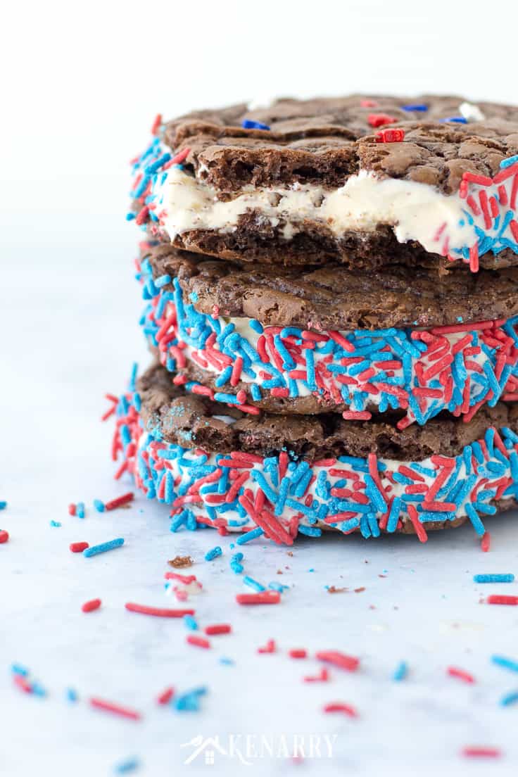 Brownie ice cream sandwiches are the perfect red, white and blue treat for 4th of July, Memorial Day and Labor Day. This easy dessert idea uses a brownie mix and sprinkles to make an awesome treat for summer. #4thofjuly #summerrecipes #memorialday #brownies
