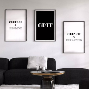 Free grit inspirational quotes printable set in three frames above living room couch.