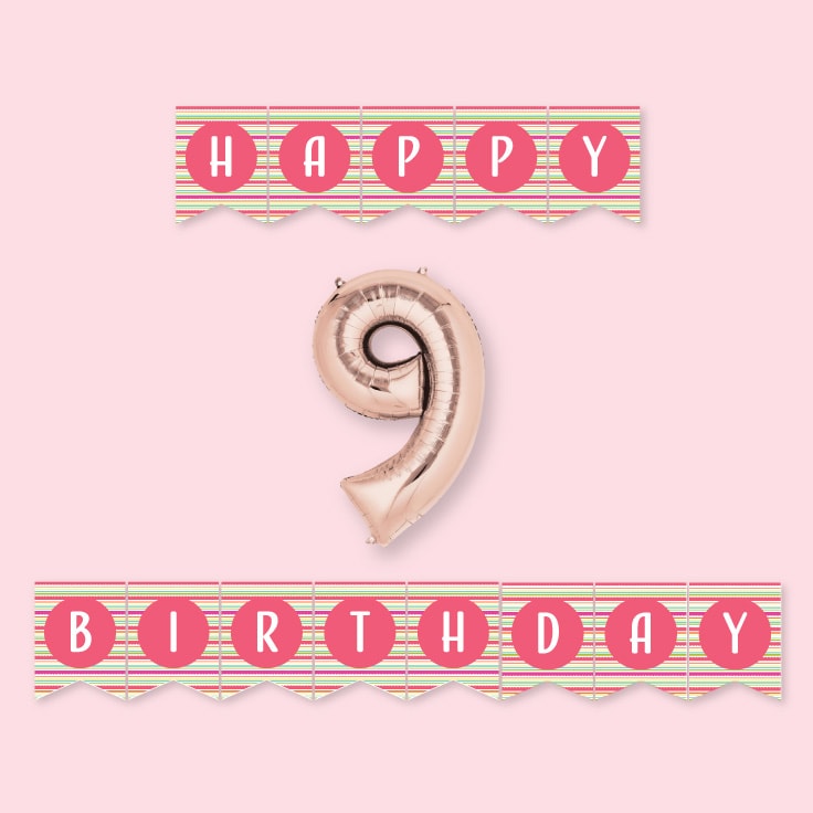 Happy Birthday banner in pink with a gold number 9 balloon to create a photo booth backdrop for photos.
