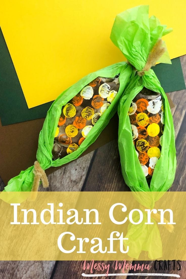 Indian corn craft made out of paper towel rolls and green tissue paper. 