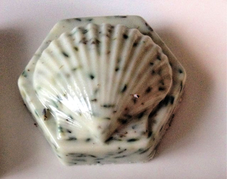 Goat's milk soap in the shape of a seashell.
