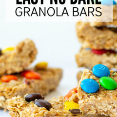 Easy No Bake Granola Bars, individually sliced granola bars made from oats and peanut butter topped with M&Ms.