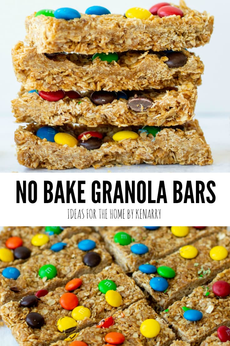 No Bake Granola Bars, delicious peanut butter granola bars topped with M&Ms