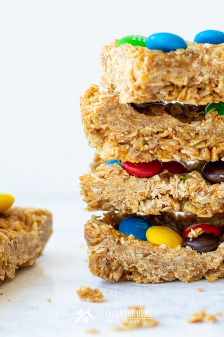 Close up of four granola bars stacked on top of one another