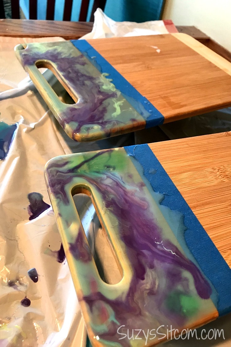 Marbled resin on wood cutting boards