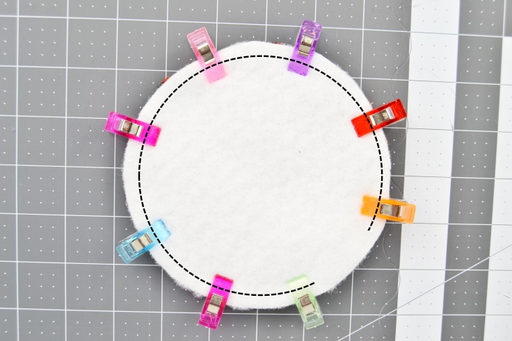 the stack of 3 circles clipped together with a line drawn on top showing where to sew around the outside border