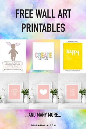 Preview of a variety of free wall art printables available on tortagialla.com