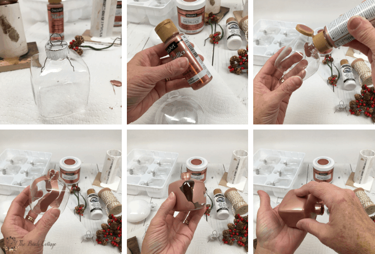 A collage of step by step pictures showing you how to paint a Christmas ornament 