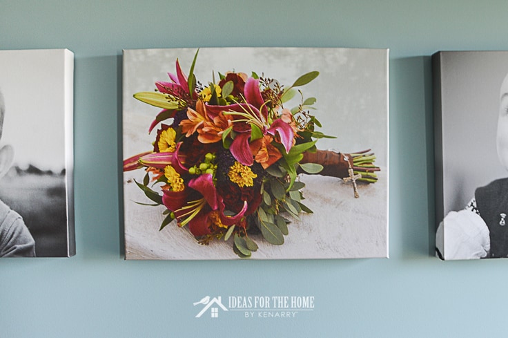 Photo of bride's wedding bouquet on canvas in a master bedroom