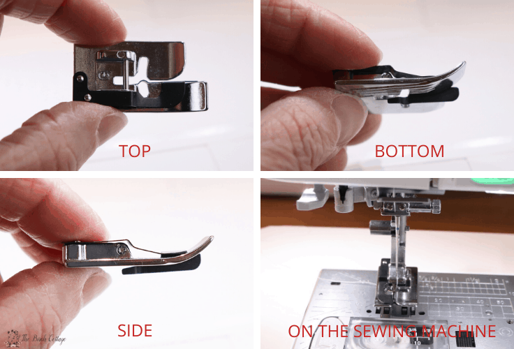 the top, bottom and side views of an edger foot for a sewing machine