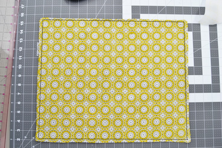the placemat turned right side out with lines drawn on top to show where to topstitch
