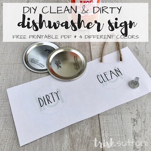 Piece of paper with the words dirty and clean in two circles and mason jar lids on a wood background.