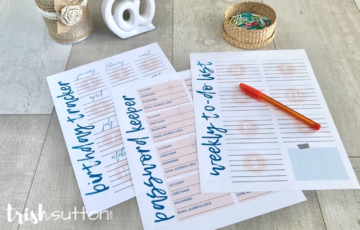 Three home organization free printables with an orange pen and paperclips on a wood background.