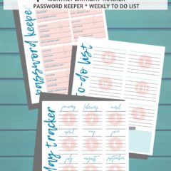 Three home organization free printables with an orange pen and paperclips on a teal background.