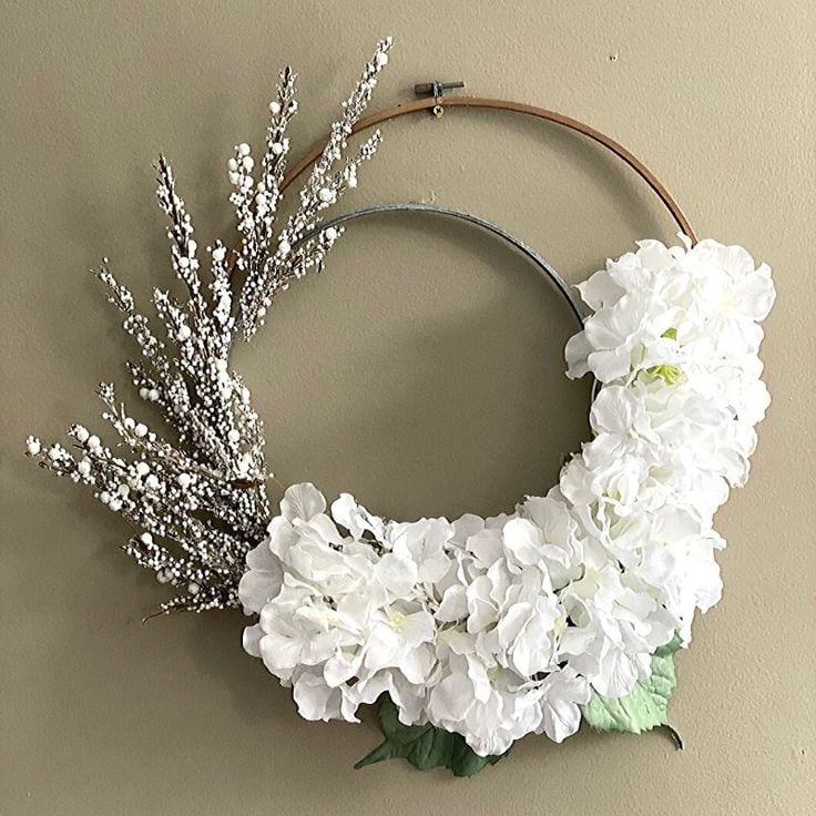 embroidery hoop winter wreath on tan background