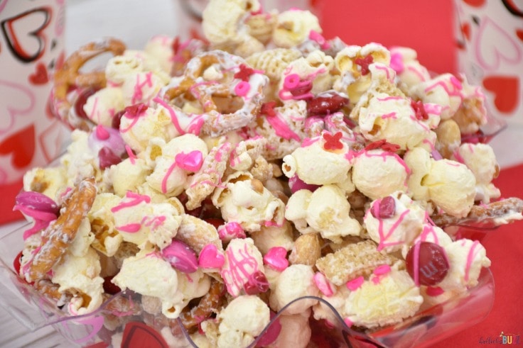 close up of Valentine's Day Snack Mix in bowl