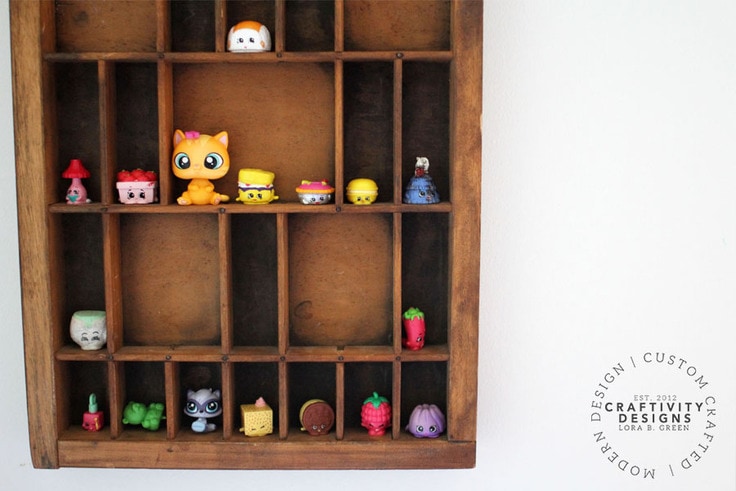 Shopkins on a figurine display shelf made from a letterpress drawer, by Craftivity Designs