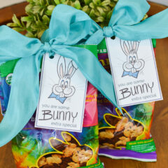 "You are some bunny special" gift tags for Easter attached with a big ribbon bow to bags of rabbit shaped graham crackers