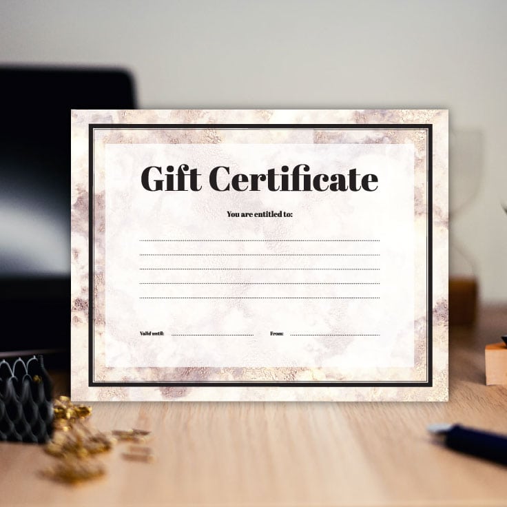 Gift certificate with lines for writing in the item, a date, and who it is from.