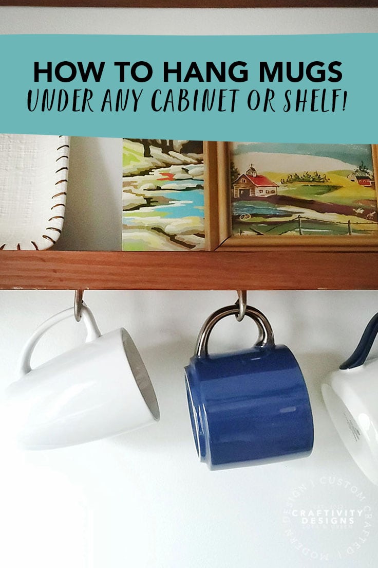 Kitchen storage idea: how to hang mugs under a cabinet or shelf. Photo by Craftivity Designs