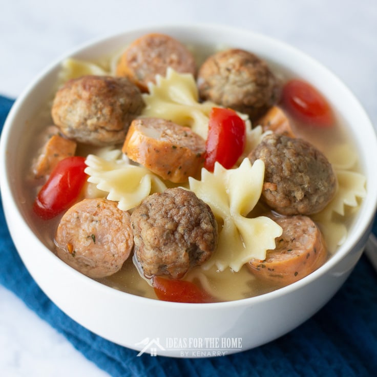 Meatball Soup With Smoked Sausage And Bow Tie Pasta