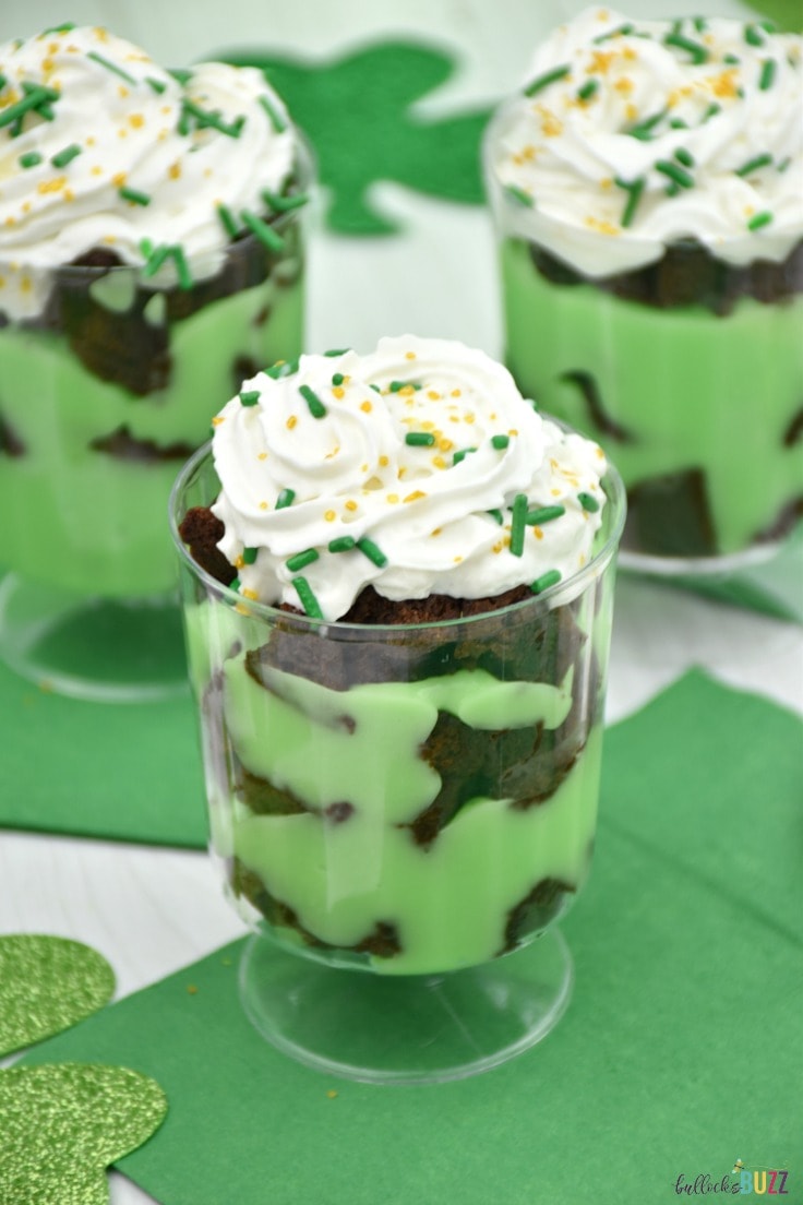 These tasty St. Patrick's Day Brownie Trifles have layers of rich, chocolatey brownie and sweet vanilla pudding, and are topped off with a cloud of whipped cream and a dusting of green and gold sprinkles. They are fun, festive, easy-to-make, and taste wonderful!