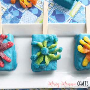 Under the sea Rice Krispie Treats recipe from Messy Momma Crafts.