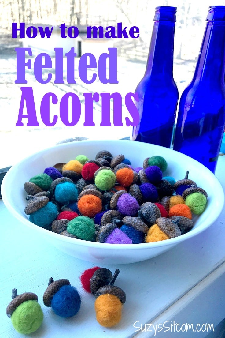 Create colorful home decor using wool roving and acorn caps.  This beautiful nature craft is fun to make and add a great touch to your home.  How to make felted acorns!