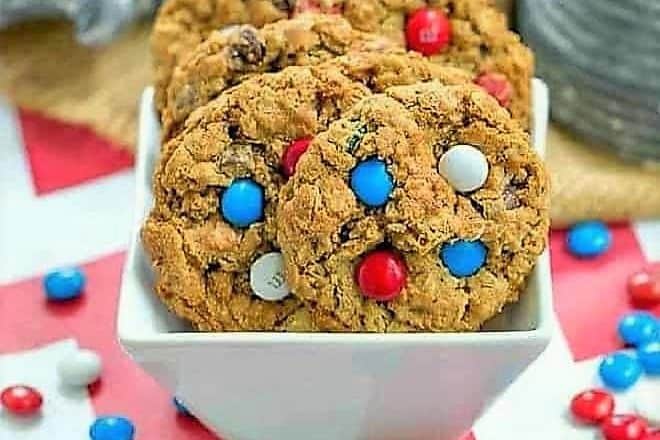 Chocolate chip cookies with red, white, and blue M&Ms