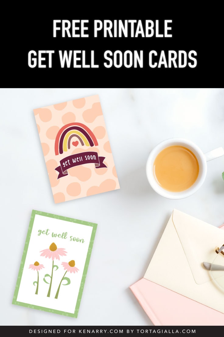 Preview of rainbow get well soon card and flower get well soon card on kitchen counter with cup of tea and stationery items.
