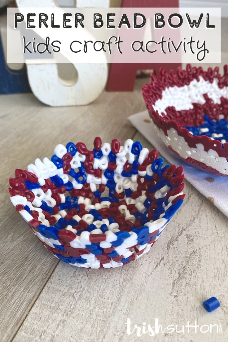 Perler Bead Bowl Kids craft activity - two bowls made out of perler beads on a wood surface