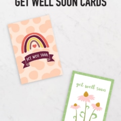 Preview of two get well soon card designs on marble countertop.
