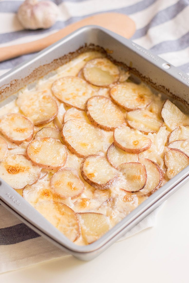 A pan full of creamy scalloped potatoes
