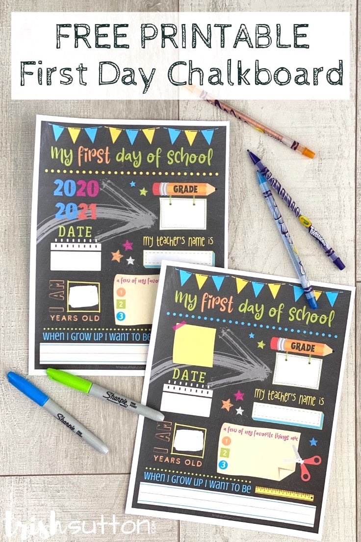 Two back to school printables with markers and crayons on a wood background.