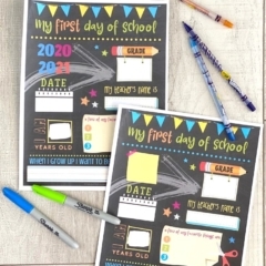 Two back to school printables with markers and crayons on a wood background.
