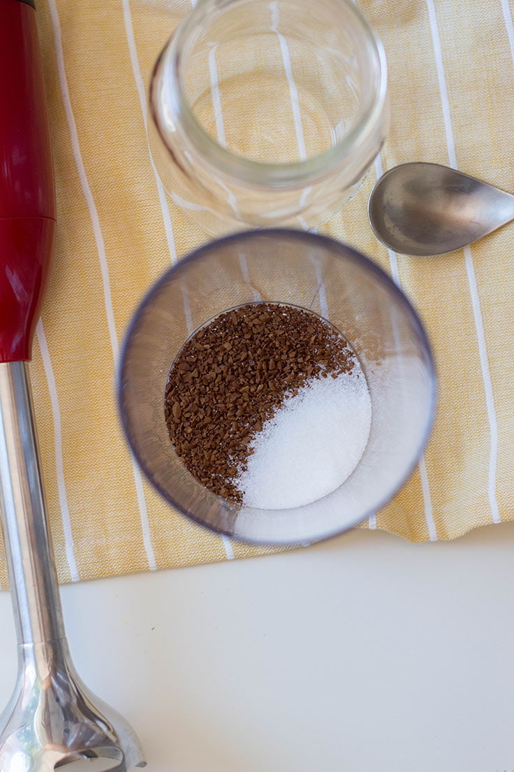 A view from the top: an aerial perspective of the starting ingredients for a Greek-style frappe drink.