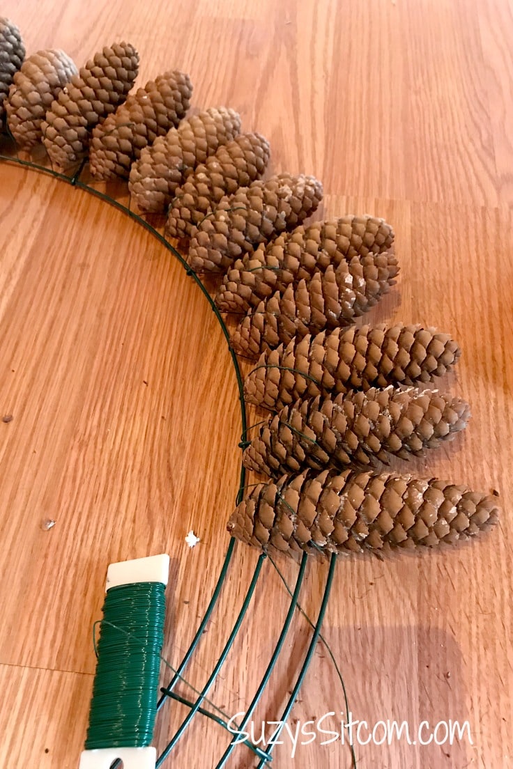 Pine cones tied to a wreath form 