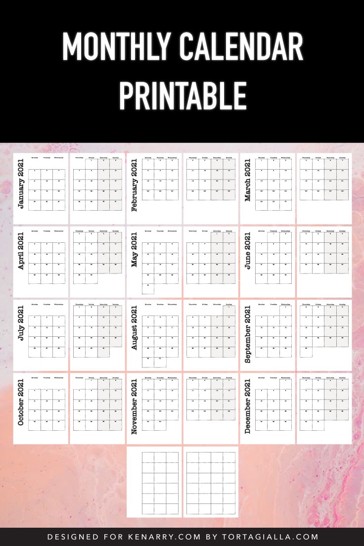 Preview of entire 2021 year of monthly calendar printable on two pages plus a blank template.