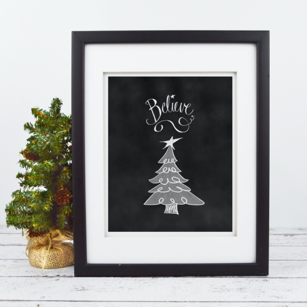 Believe with Christmas Tree Chalkboard Printable - Digital Art